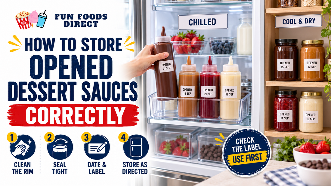 Opened dessert sauces stored correctly with date labels