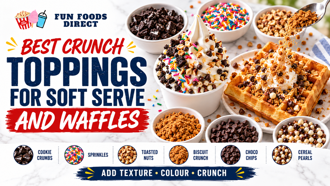 Crunch toppings for soft serve waffles and desserts