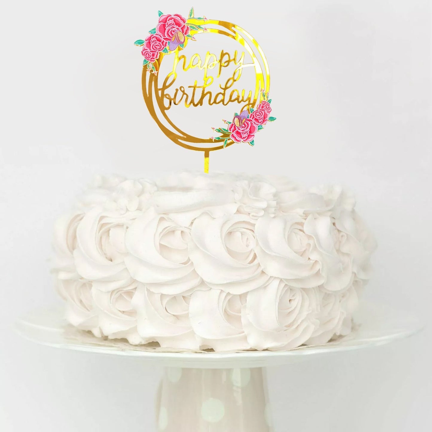 Floral Gold Round Happy Birthday Cake Topper