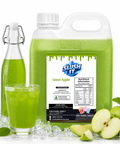 Green apple juice product with bottle, glass, and apples on a white background