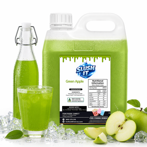 Green apple juice product with bottle, glass, and apples on a white background