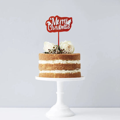 Glittered White and Red Merry Christmas Cake Topper