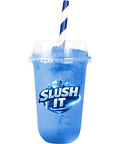 Blue slushy drink in a clear cup with a straw featuring the 'SLUSH IT' logo.