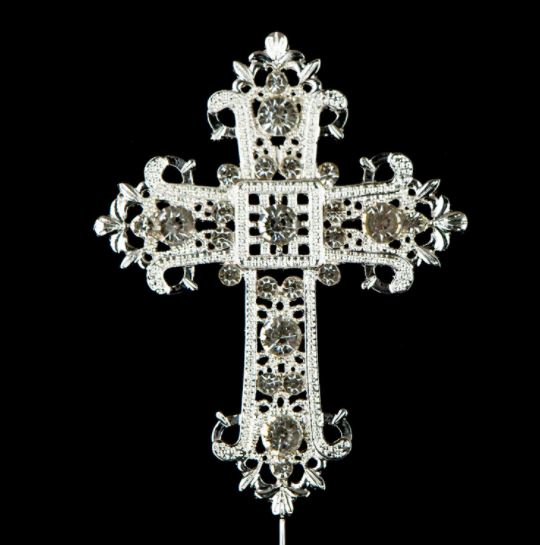 Silver Cross Rhinestone Crystal Cake Topper