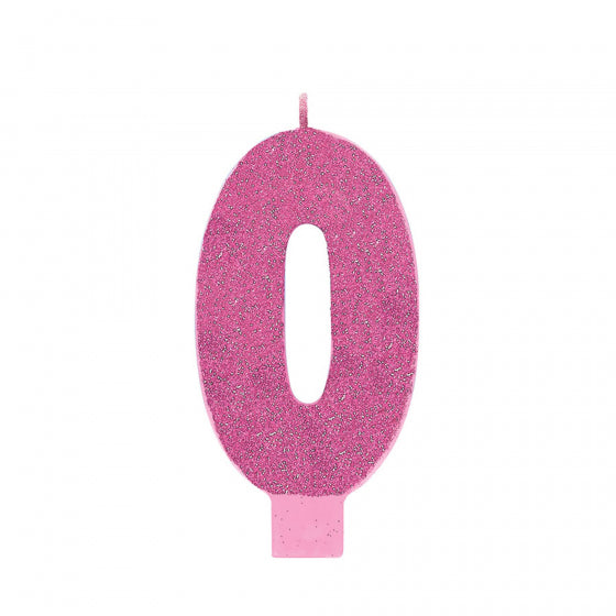 CANDLE LARGE NUMERAL GLITTER #0 PINK