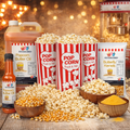 Popcorn boxes with butter oil, kernels, and seasoning on display