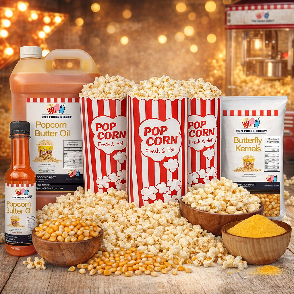 Popcorn boxes with butter oil, kernels, and seasoning on display