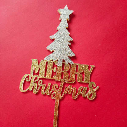 Glittered Gold Merry Christmas White Tree Cake Topper