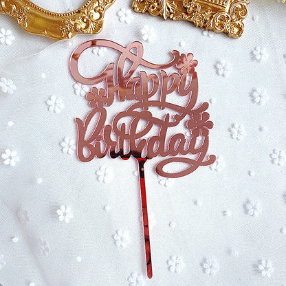 Rose Gold Happy Birthday Cake Topper with Lilac Flower Design