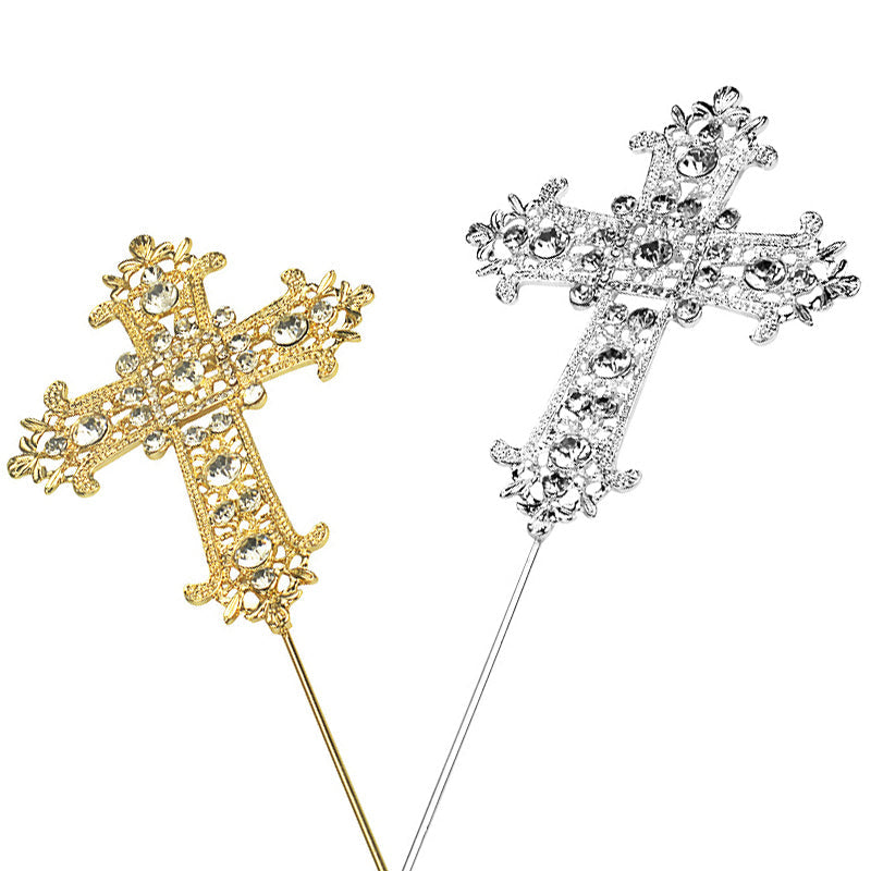 Gold Cross Rhinestone Crystal Cake Topper