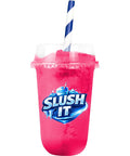 Raspberry slushy syrup 2L Bottle in a slush cup with a straw, perfect for refreshing icy drinks.