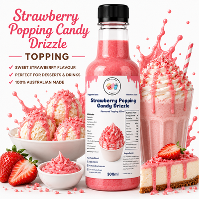 Strawberry Popping Candy Drizzle Premium Milkshake Syrup & Dessert Topping for Thickshakes, Sundaes & Drinks