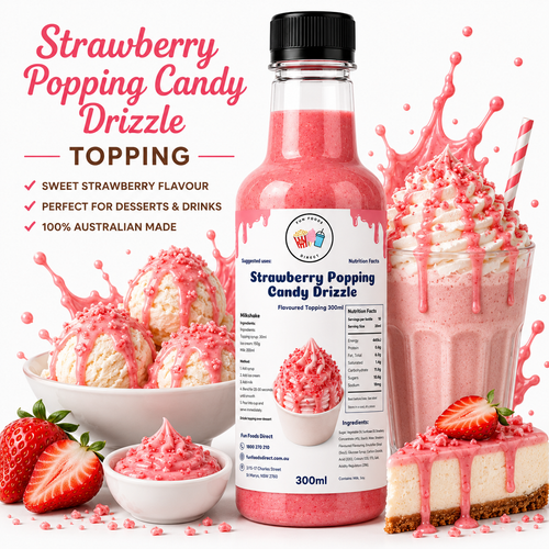 Strawberry Popping Candy Drizzle Premium Milkshake Syrup & Dessert Topping for Thickshakes, Sundaes & Drinks