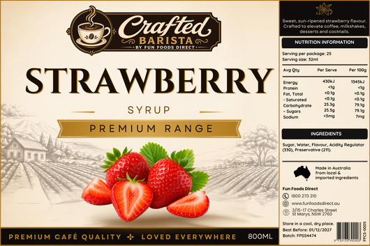 Strawberry Syrup Premium Range 800mL | Sweet Sun-Ripened Strawberry Café Syrup