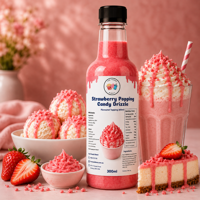 Strawberry Popping Candy Drizzle Premium Milkshake Syrup & Dessert Topping for Thickshakes, Sundaes & Drinks