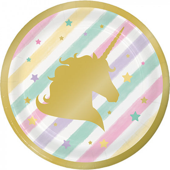 UNICORN SPARKLE LUNCH PLATES PAPER &amp; GOLD FOIL STAMPED 18CM