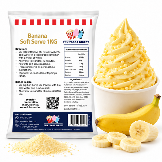 Banana Soft Serve Mix 1kg pouch with yellow banana soft serve, whole and sliced banana, and powder on a white background.