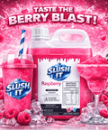 Raspberry slushy syrup 2L Bottle showcased with slush drinks and fresh raspberries for vibrant icy refreshment.