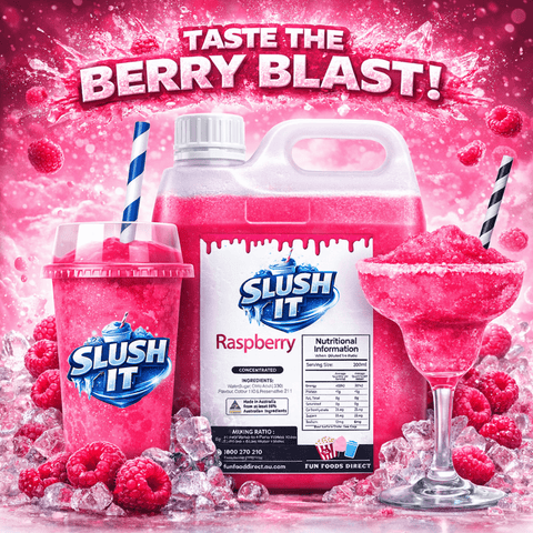 Raspberry slushy syrup 2L Bottle showcased with slush drinks and fresh raspberries for vibrant icy refreshment.