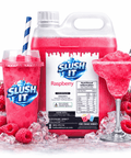 Raspberry slushy syrup 2L Bottle with slushy drinks and fresh raspberries on ice