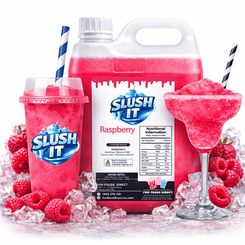 Raspberry slushy syrup 2L Bottle with slushy drinks and fresh raspberries on ice