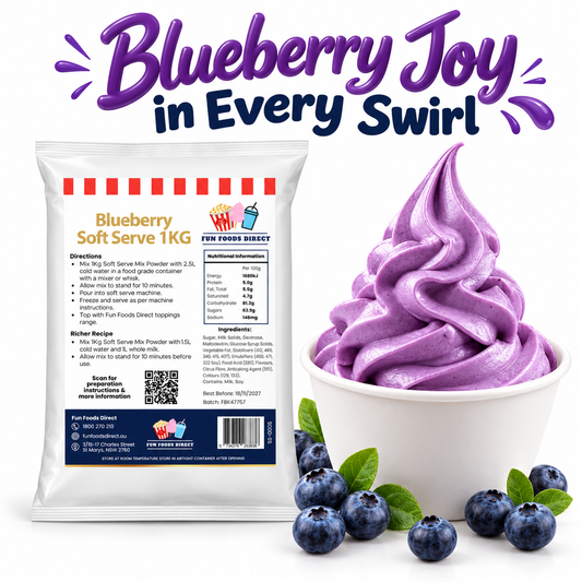 Fun Foods Direct Blueberry Soft Serve Mix 1kg pouch beside a purple soft serve cup and blueberries on a white background.