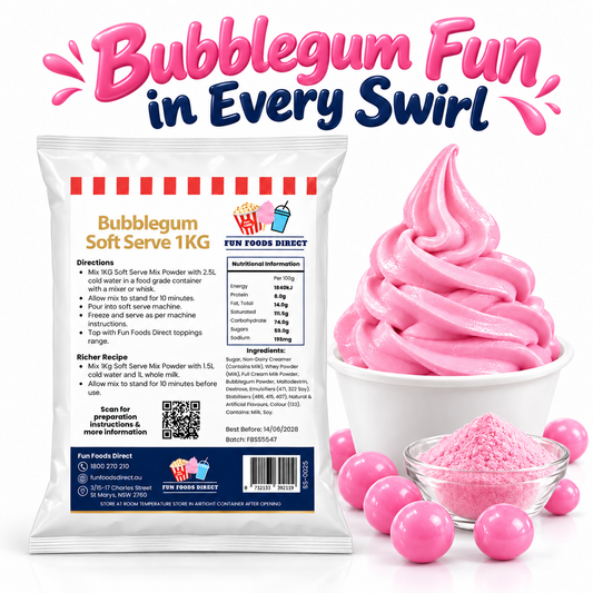 Bubblegum Soft Serve Mix 1kg pouch with pink bubblegum soft serve, pink powder and gumballs on a white background.