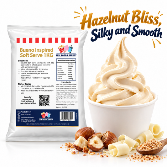 Fun Foods Direct Bueno Inspired Soft Serve 1kg pouch with a soft serve cup, hazelnuts and white chocolate on a white background.