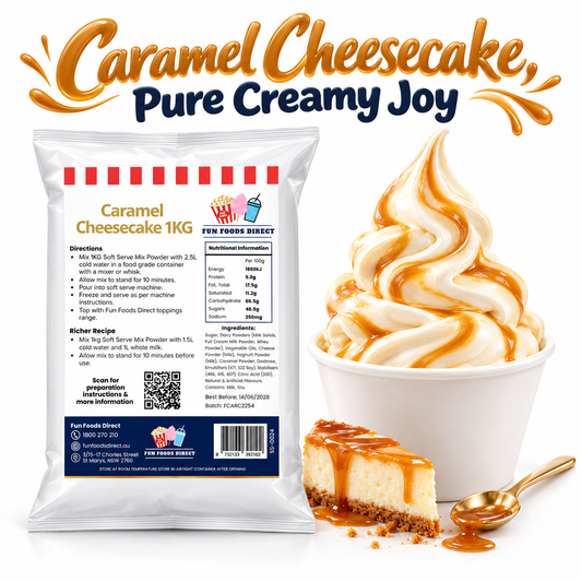 Caramel Cheesecake Soft Serve Mix 1 kg pouch with caramel-topped soft serve and cheesecake on a white background