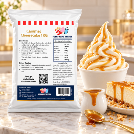 Caramel Cheesecake Soft Serve Mix pouch beside caramel-topped soft serve and cheesecake in a café