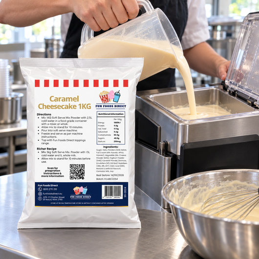 Caramel Cheesecake Soft Serve Mix pouch beside prepared mix being poured into a soft serve machine