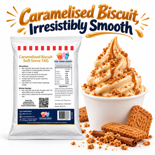 Caramelised Biscuit Soft Serve Mix 1kg pouch with a dessert cup, biscuit crumbs and caramel sauce on a white background.