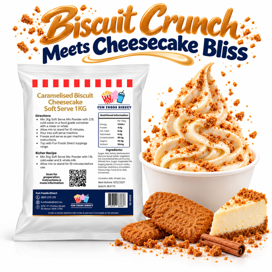 Caramelised Biscuit Cheesecake Soft Serve Mix 1 kg pouch with soft serve, biscuits and cheesecake on a white background