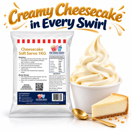 Classic Cheesecake Soft Serve Mix 1 kg pouch with creamy soft serve and cheesecake on a white background