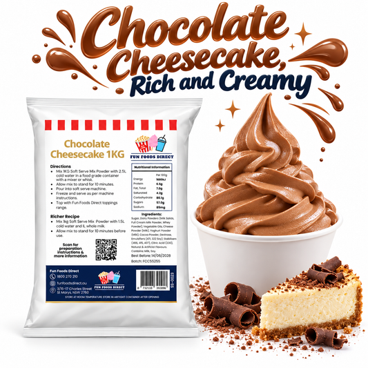Chocolate Cheesecake Soft Serve Mix 1 kg pouch with chocolate soft serve and cheesecake on a white background
