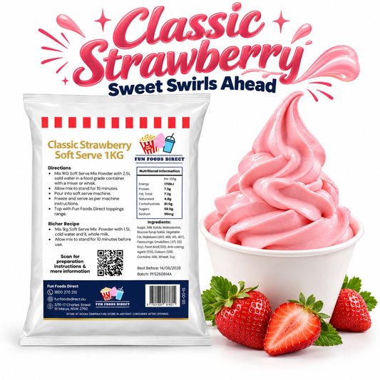 Classic Strawberry Soft Serve Mix 1kg pouch beside pink soft serve and strawberries on a white background.