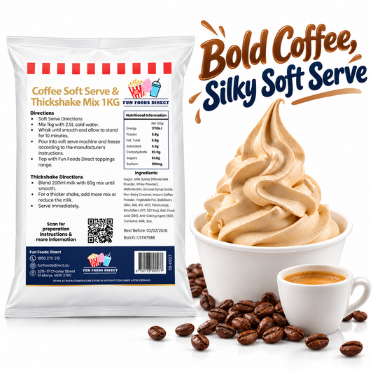 Coffee Soft Serve and Thickshake Mix 1kg pouch with coffee soft serve, espresso and coffee beans on a white background.