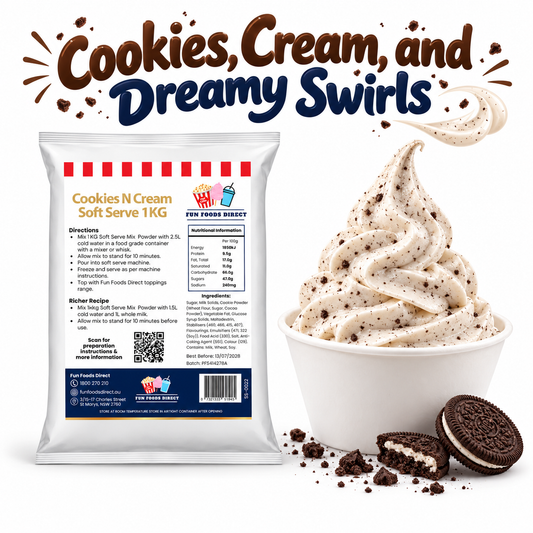 Cookies N Cream Soft Serve Mix 1kg pouch with a speckled soft serve cup and chocolate sandwich cookies on white.