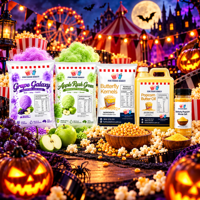 Halloween Haunted Carnival Treats Bundle – Fairy Floss Sugar & Movie Popcorn Kit – 5 Pack