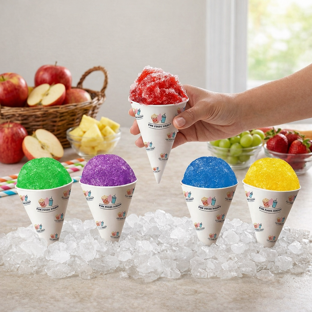 Five colorful snow cones in branded Fun Foods Direct cones displayed on ice, with one being held by hand in a bright kitchen setting.