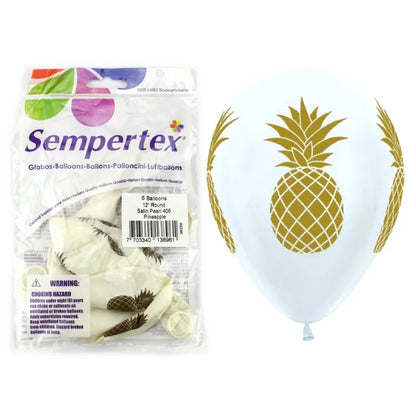 HAWAIIAN LUAU TROPICAL PEARL WHITE PACK OF 6 PINEAPPLE HELIUM QUALITY BALLOONS