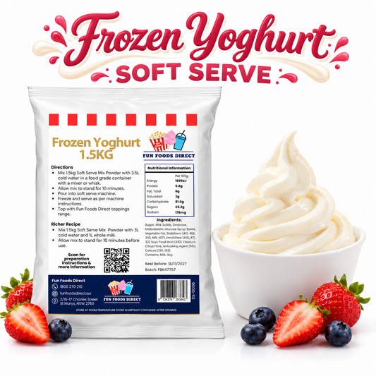 Luxury Frozen Yoghurt Mix 1.5 kg pouch with frozen yoghurt and fresh berries on a white background
