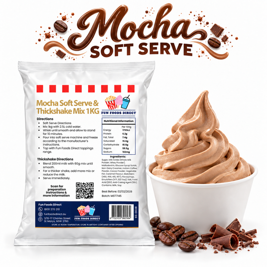 Mocha Soft Serve and Thickshake Mix 1kg pouch with mocha soft serve, coffee beans, chocolate and Mocha Soft Serve lettering.