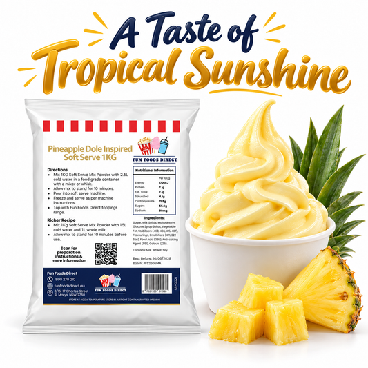 Pineapple Dole Inspired Soft Serve Mix 1kg pouch with yellow pineapple soft serve and fresh pineapple pieces on white.