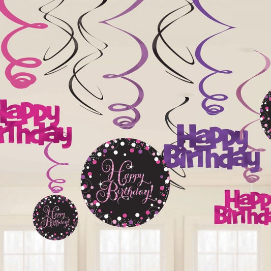 Hanging Swirls Sparkling Pink Happy Birthday