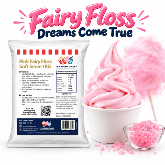 Pink Fairy Floss Soft Serve Mix 1kg pouch with pink soft serve, fairy floss and pink sugar crystals on a white background.