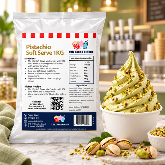 Pistachio Soft Serve Mix 1kg pouch beside green pistachio soft serve topped with chopped nuts on a cafe counter.