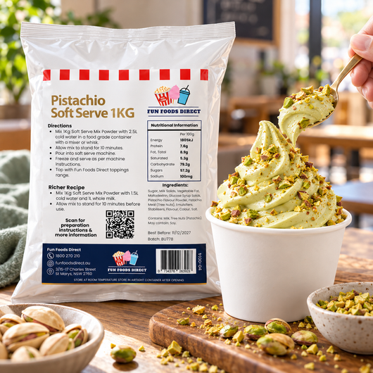 Pistachio Soft Serve Mix 1kg pouch beside a hand lifting a spoonful of green pistachio soft serve topped with chopped nuts.