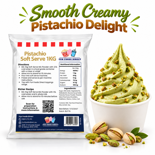 Pistachio Soft Serve Mix 1kg pouch with green pistachio soft serve, chopped pistachios and whole pistachios on white.