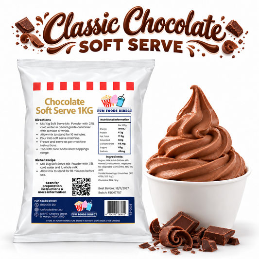 Premium Chocolate Soft Serve Mix 1kg pouch with chocolate soft serve, chocolate pieces and Classic Chocolate Soft Serve lettering.